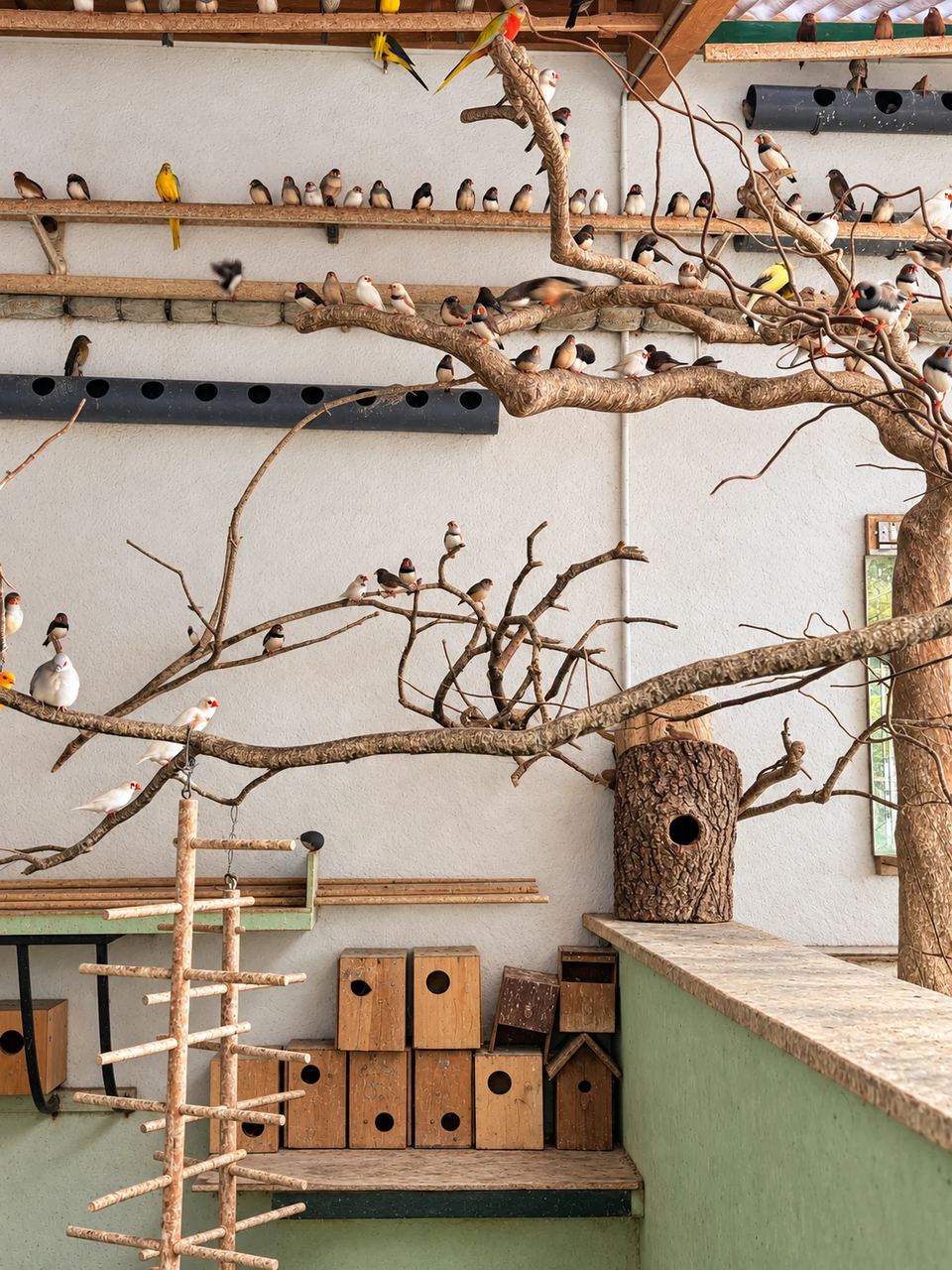 De nombreux petits oiseaux sur les branches et les perchoirs d’une volière du Clos des Vignes.