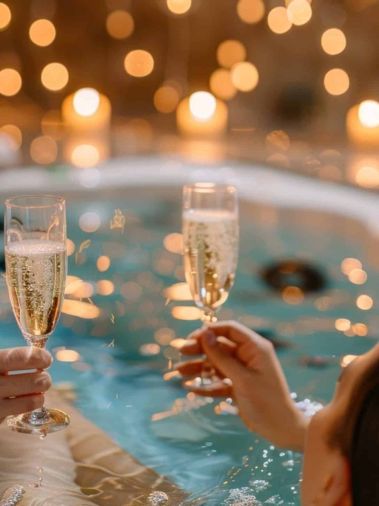 Détente en amoureux dans un jacuzzi privatif avec champagne – le luxe d’un week-end romantique proche de Paris.